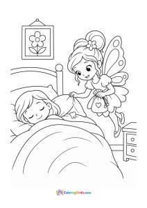 Tooth fairy collecting a tooth coloring page