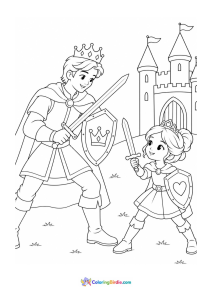 Young princess learning sword fighting from brother coloring page