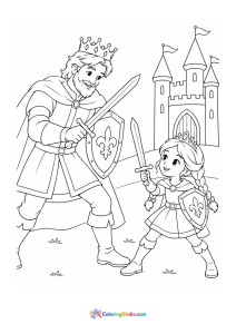 Young princess learning sword fighting from king coloring page