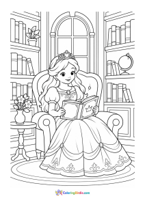 Princess reading in royal library coloring page