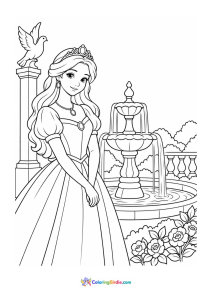 Princess by fountain coloring page