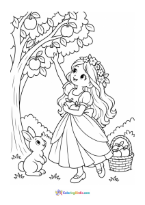 Princess picking apples with rabbit coloring page
