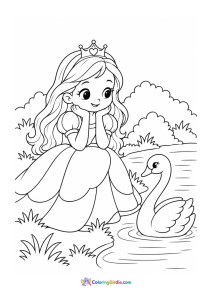 Princess with swan by lake coloring page