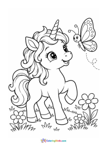 Baby unicorn playing with butterfly coloring page