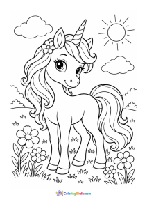 Cute unicorn standing in a meadow coloring page