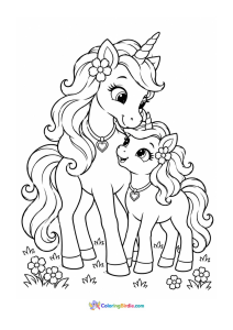 Mother unicorn with baby coloring page