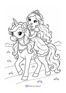 Princess riding a unicorn coloring page
