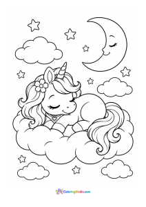 Sleeping baby unicorn on a cloud coloring page