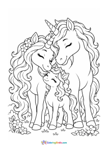 Unicorn family portrait coloring page