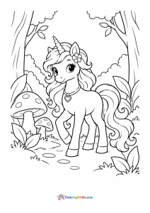 Unicorn in an enchanted forest coloring page