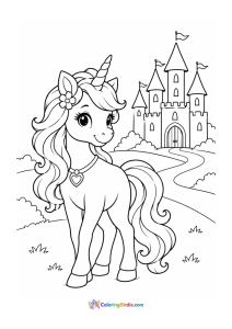 Unicorn in front of a fairy tale castle coloring page
