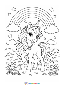 Unicorn under a rainbow coloring page
