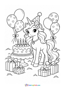 Birthday unicorn coloring page