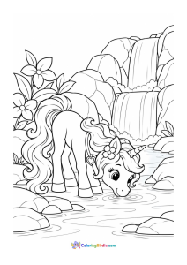 Unicorn beside a magical waterfall coloring page