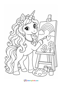 Unicorn doing painting coloring page
