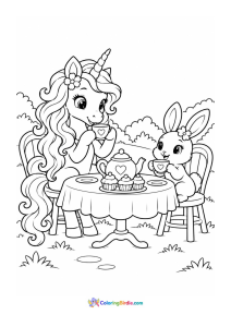 Unicorn having tea party coloring page
