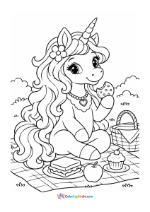 Unicorn on picnic coloring page