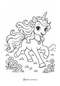 Unicorn running through flowers coloring page