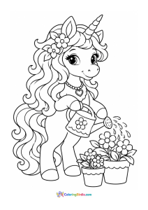 Unicorn watering plants coloring page