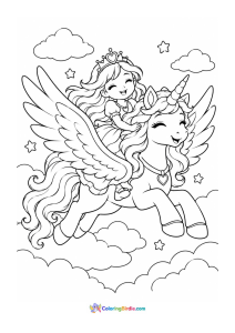 Princess flying with winged unicorn coloring page