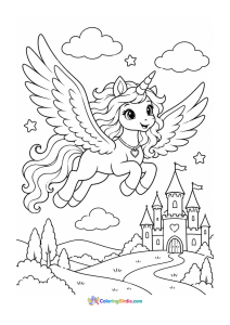 Winged unicorn flying over castle coloring page