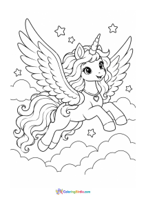 Winged unicorn flying over clouds coloring page