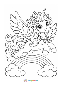 Winged unicorn flying over rainbow coloring page