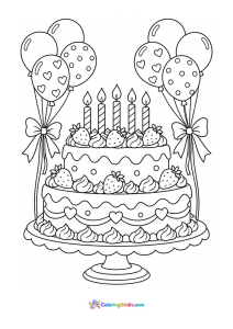 A coloring page featuring a big birthday cake with balloons