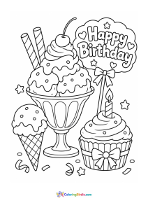 A coloring page featuring birthday ice cream treats