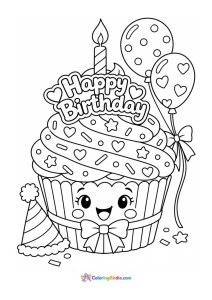 A coloring page featuring a cute birthday cupcake