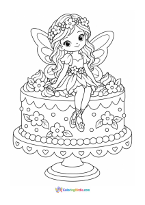 A coloring page featuring a fairy sitting on a birthday cake