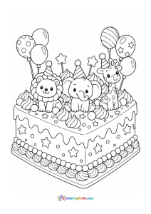 A coloring page featuring a square birthday cake with animal decorations
