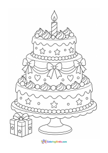 A coloring page featuring a decorated three-tier birthday cake