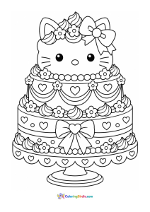 A coloring page featuring a three-tier kitty birthday cake