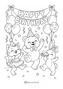 A coloring page featuring animals dancing at a birthday party