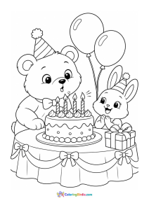 A coloring page featuring a bear blowing out birthday candles with a bunny nearby