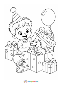 A coloring page featuring a birthday boy opening presents