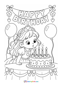 A coloring page featuring a birthday girl blowing out cake candles