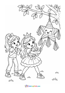 A coloring page featuring a birthday piñata party with two girls