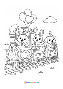 A coloring page featuring a birthday train with cute animals