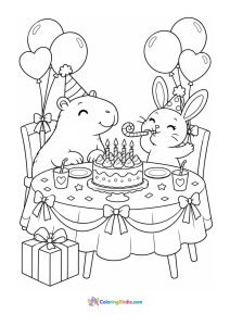 A coloring page featuring a capybara and rabbit birthday party