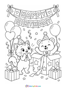 A coloring page featuring a cat and bear at a surprise birthday party