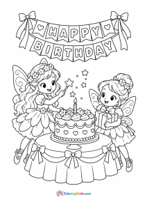 A coloring page featuring a magical fairy birthday party