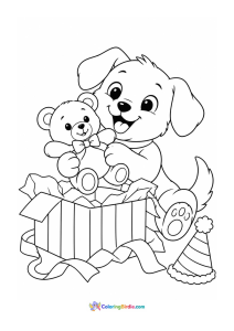 A coloring page featuring a puppy opening a birthday gift