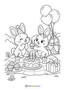 A coloring page featuring two rabbits enjoying a birthday picnic