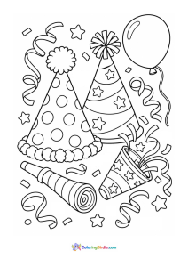 A coloring page featuring birthday party hats, horns and poppers