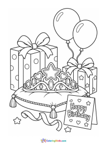 A coloring page featuring a birthday tiara with presents and balloons