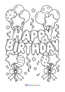 A coloring page featuring Happy Birthday lettering with balloon decorations