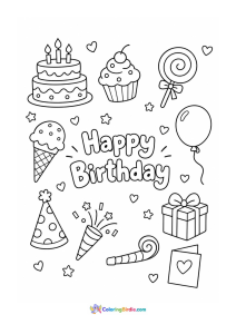 A coloring page featuring Happy Birthday doodle art with cakes, balloons and party decorations