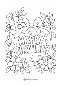 A coloring page featuring a Happy Birthday floral card